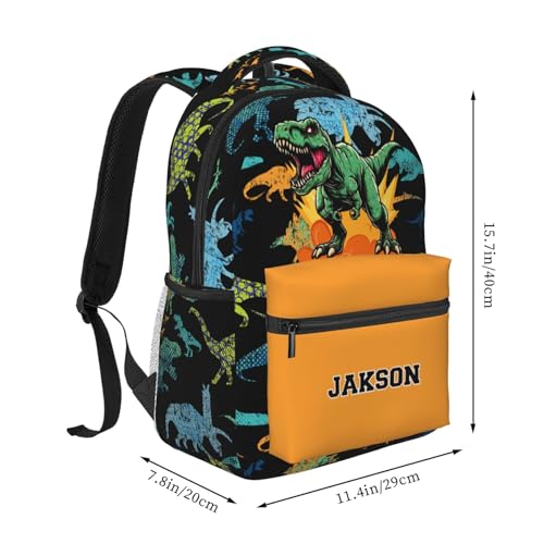 Custom Dinosaur T-Rex Kids Backpacks 2pcs Set for Boys Girls Student Personalized Name Text School Bag and 18 Oz Water Bottle Customized Sports Water Bottle School Bookbags for Back to School Travel2