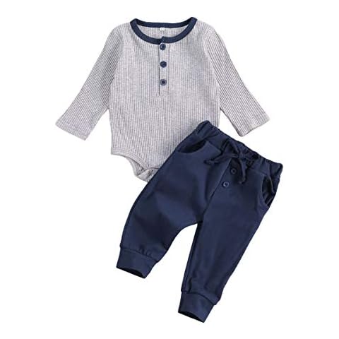 MoccyBabeLee Newborn Baby Boy Trouser Top Long Sleeve Romper Bodysuit Drawstring Pants Pajamas Winter Warm Clothes Set (3-6 Months,Blue) Cover