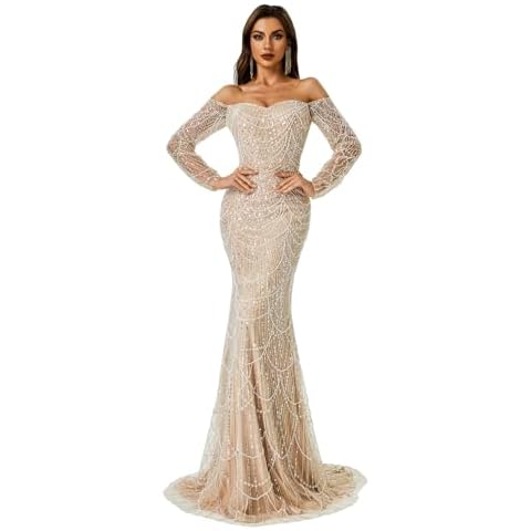 Ikerenwedding Prom Dress Long Sleeves Beaded Pearls Sequin Pageant Mermaid Celebrity Gala Evening Dress Champagne Cover