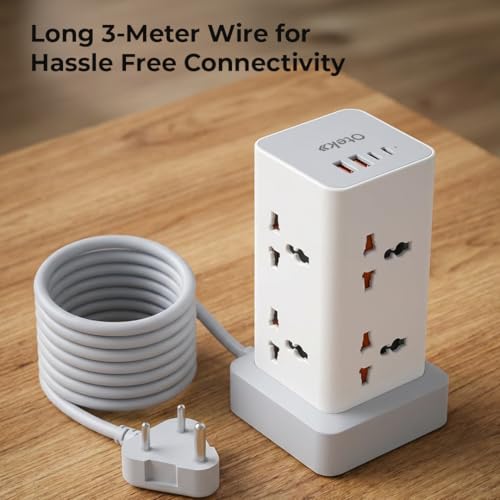 Image of OTEK Extension Board with 8 Universal Sockets 2 USB & 2 Type C Ports 2 Meter Cord 2500W 10A Surge Protector Master Switch Safety Shutter Multiplug Power Strip for Home Office White