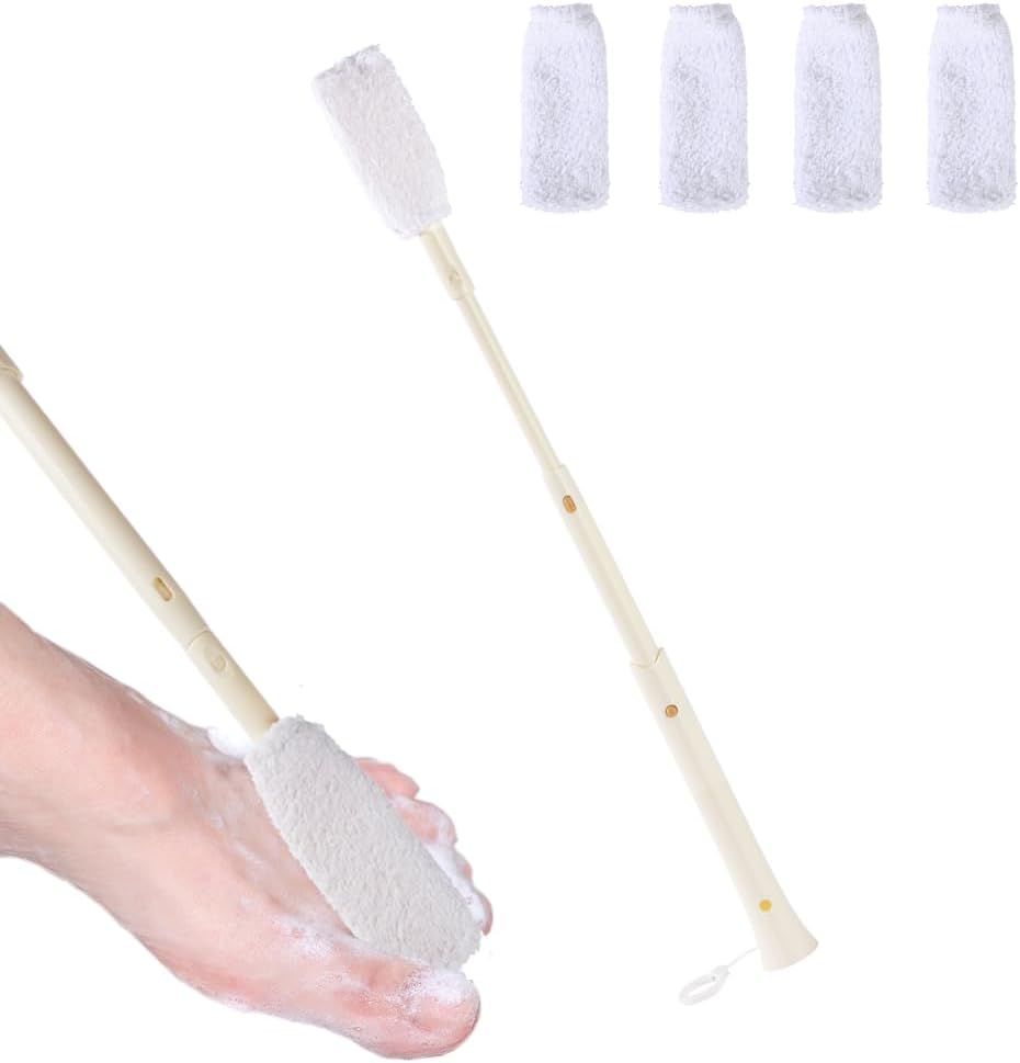 Toe Cleaning Brush, Foot Scrubber with Reusable Drying Covers, 16"-28" Retractable Foot Brush, Long Handle Lotion Foot Applicator for Seniors, Adults, Kids, Disabled Men and Women