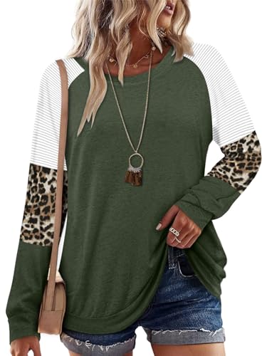 onlypuff Striped Sweatshirt for Women Color Block Shirt Green Leopard Tunic Tops XL