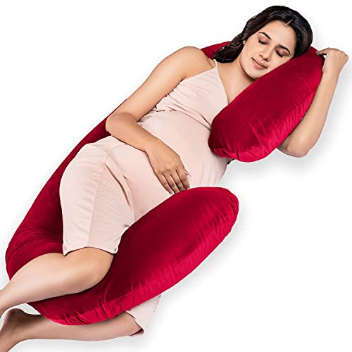 Image of C-Shaped Sleeping Pregnancy Pillow| Removable Washable Velvet Covers with Zipper| PregnoCare Fibres| Maternity, Nursing| Full Body Soft Support Bump, Head, Back, Shoulder, Hips, Legs and Belly (Red)