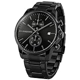 PINDOWS Orologi da uomo alla moda, minimalista, business, resistente, in acciaio inox, impermeabile, cronografo, orologio al quarzo con data automatica, Nero , Classico Minimalista