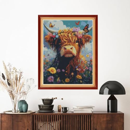 Image of MYBISYMQQ Highland Cow Cross Stitch Kits for Adults Beginners - 11CT Stamped Floral Cow & Butterfly Embroidery Kit, DIY Pre-Printed Needlepoint Patterns for Home Wall Art Decor, 15.7x11.8 Inches