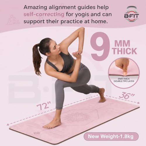 Image of B Fit Extra Wide 36x72 Inchs 9 MM Thick Original TPE Yoga Mat - Free Yoga Bag and Strap Included - With Alignment System, Non-slip, Eco-friendly, sweat-resistant (Peach-Tan)