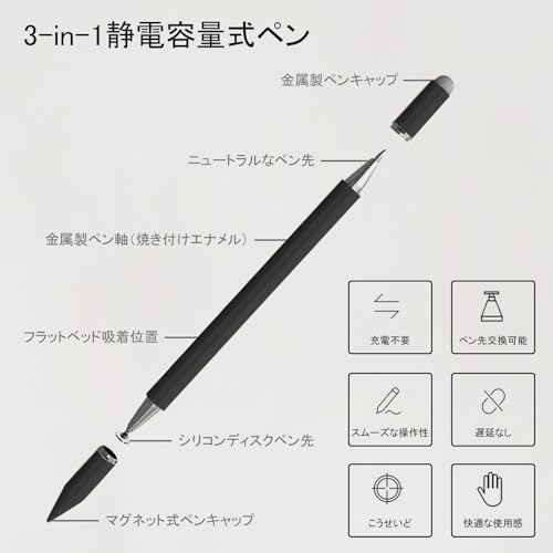 MEIKEMAN タッチペン 3in1 スタイラスペン 極細 充電不要 アイフォン ペン iPad iPhone Android タブレットPC/Mac スマホ 対応 たっちぺん イラスト ツムツム ゲーム スマートフォン ペン 磁気キャップ 高感度交換用ペン先付き(2ディスク＋2導電繊維付属) (黒色)