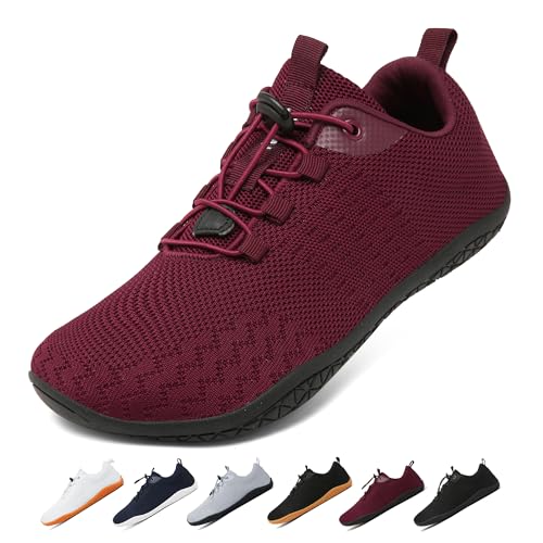 Geweo Barfuss Schuhe Dame Herren Sommer Atmungsaktiv Barfußschuhe mit Weit Zehenbox für Sport Fitness Gym Schuhe Leicht Bequeme Joggingschuhe Minimalist Turnschuhe Zero-Drop Sohle Unisex Weinrot 38EU