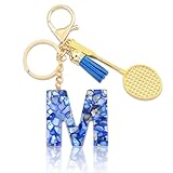 Navy Sugar Initial Keychains for Women – Fashion Letter Badminton Keychain with Removable Racket Pendant, Perfect for Handbags, Backpacks & Sports Enthusiasts