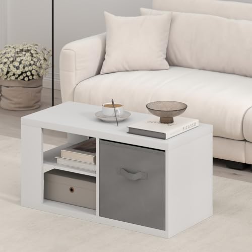 Image of Furinno Viola 3-Tier Modern Coffee Table, Printer Stand, White /Light Grey | 1.2-inch Extra Thick Tabletop Center Table, Side Table, Open Shelf, 1x Storage Bin, for Living Room, Bedroom, Home Office