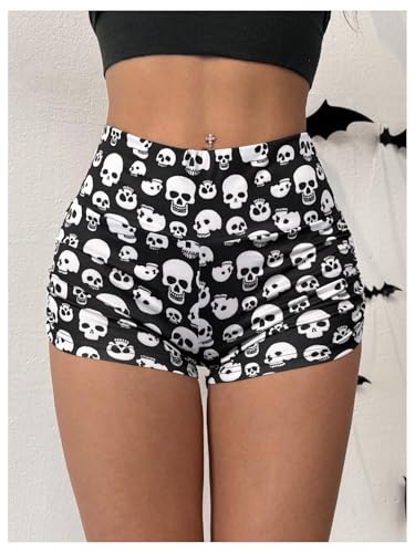 WDIRARA Women's Goth Skeleton Print High Waisted Shorts Ruched Workout Athletic Yoga Biker Shorts4