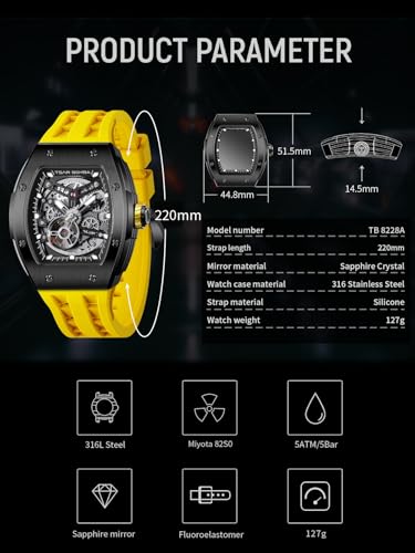 Image of TSAR BOMBA Mens Luxury Watch Automatic Watches for Men 50M Waterproof Japanese Mechanical Movement Tonneau Stainless Steel Case Sapphire Glass Big Face Cool Unique Fashion Gift Men