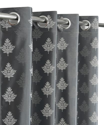 Image of Semi Room Darkening Curtains, Grey, Tree Print, 4x7 ft, Set of 2