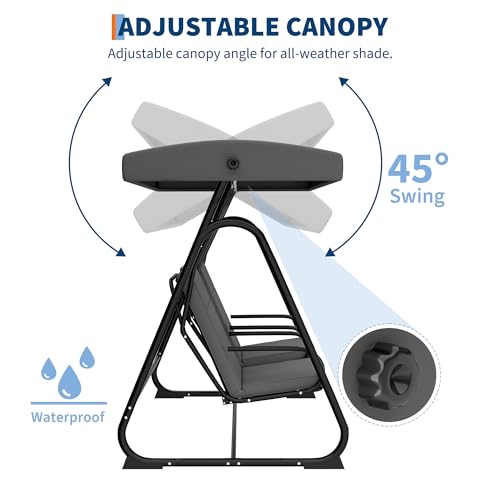 Image of GarveeLife 2 Person Porch Swing Chair, Heavy Duty Outdoor Patio Swing Glider with Adjustable Canopy & Removable Cushions, Independent Swing Chairs for Garden, Balcony, Poolside, Backyard, Dark Grey