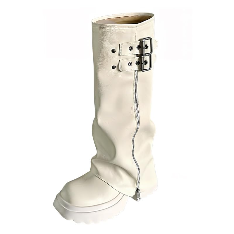 Image of MAVMAX Mid Calf Boots for Women Fold Over Zipper Buckle Riding Boot Black Wide Calf Platform Round Toe Chunky Low Heel Tall Boot Cowboy Biker Motorcycle Boots