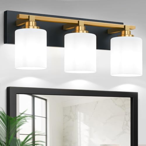 LKHF Modern Bathroom Lighting Fixtures Over Mirror Vanity Lights for Bathroom Wall Sconces with Milky White Glass Shades E26 Ceramic Socket 3-Light 20-inch Black and Gold