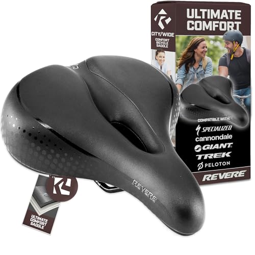 Revere Comfort Bike Seat Shock Absorber Suspension Gel Layer + Memory Foam Pad for a Smooth Ride. Vented Unisex Design, Waterproof Saddle, Integrated Lifting Handle. Suitable for All Bikes, E-Bikes.