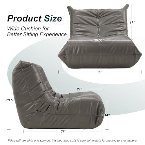 Hobestluk Giant Bean Bag Chair Lazy Floor Sofa, Memory Foam Fireside Sofa for Adults, Big Beanbag Faux Leather Armless Chair for Living Room Bedroom Dorm Office (Grey, Single)