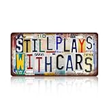 JBYMsign Vintage Wall Decor Still Plays With Cars License Plate Metal Sign Tin Signs Poster