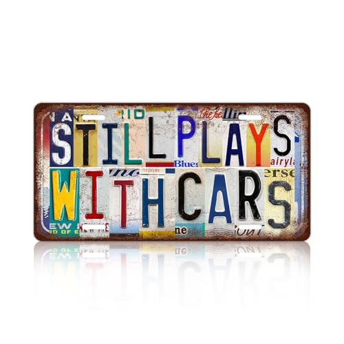 JBYMsign Vintage Wall Decor Still Plays With Cars License Plate Metal Sign Tin Signs Poster For Cat Lover