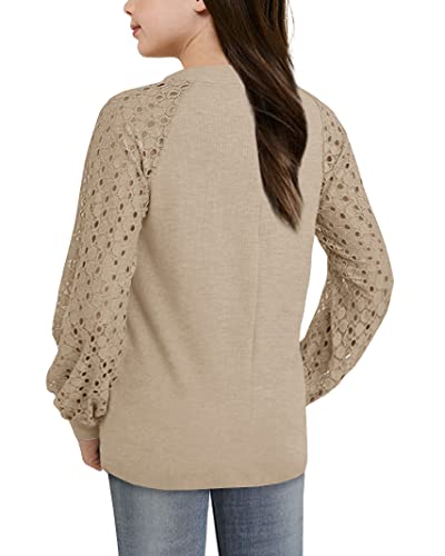 Image of Apbondy Girls Long Sleeve Shirts Lace Crewneck Blouses 5-14 Years
