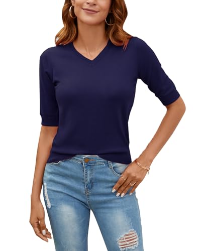 Image of Women Summer Knit Shirt Blouse V Neck Short Sleeve Pullover Sweater Tops