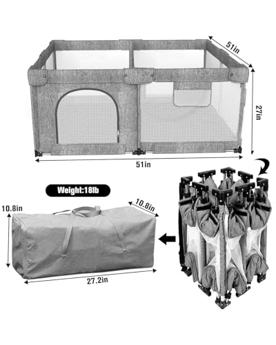 Image of Veraste Foldable Baby Playpen with Gate, Extra Large Collapsible Play Yard for Babies & Toddlers, Portable Travel Playpen, Baby Activity Center for Indoor & Outdoor Use (Grey 51 inchx51 inch)