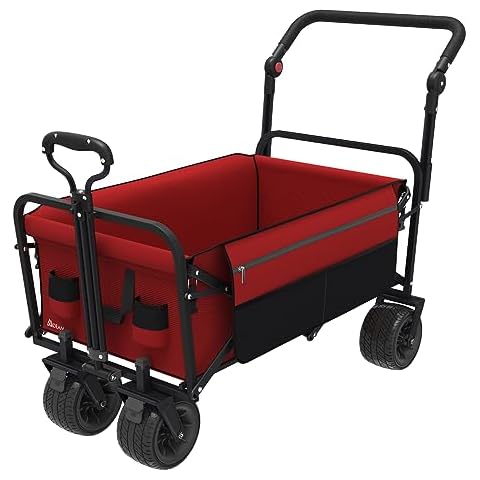 Mdeam Collapsible Wagon with Wheels, Large Capacity Foldable Wagon Cart, All Terrain Folding Utility Cart with Cup Holders and Side Pockets for Grocery Outdoor Camping Garden Sports Shopping (Red) Cover