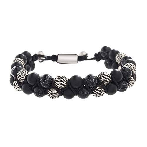 Steve Madden Stainless Steel Simulated Black Agate and Lava Stone Double Strand Adjustable Bracelet for Men (SMBS568342OX-AGBK), One Size