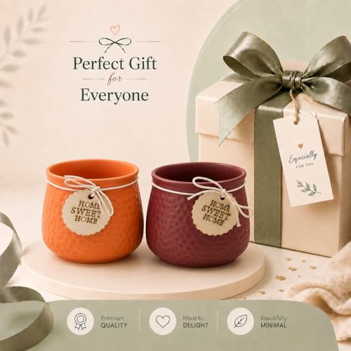 Image of Xtore Charming Textured Ceramic Planter Set with Wooden Tag Accent | Rustic Indoor Plant Pots for Desk, Shelf & Home Decor (Pack of 2, Planter only)