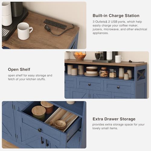 Image of 51 inch Blue Buffet Sideboard Cabinet, Farmhouse Storage Cabinet Kitchen Pantry | with Shelf and Drawers, Wood Cupboard Hutch Cabinet, Coffee Bar Station Table for Kitchen, Living Room, Dining Room