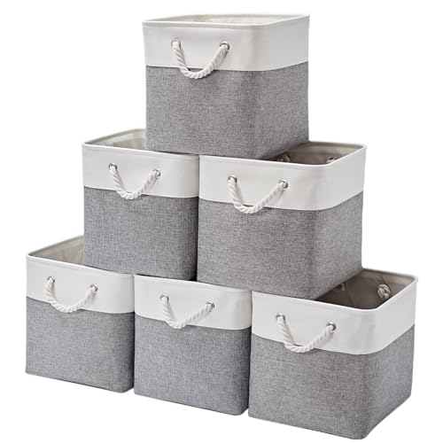 Image of MidmmVick 12 x 12 Inch Cube Storage Bins, 6 Pack Large Collapsible Fabric Storage Bin with Ropes, Foldable Storage Cubes for Home, Office,Closet, Clothes, Toys Organizer (White & Grey)