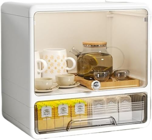 ミニカップボードカウンター上収納コップ 食器棚 棚防塵 防湿 扉付き ックス 多機能 卓上ラック 卓上食器棚 お茶碗 大容量 簡単 化粧品 小物 透明扉付き 一段二段三段 雑貨 仕切り 台所 家庭用 (ホワイト,ハイタイプ ミディアム 2段)