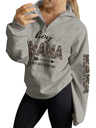 RMCMS Womens Boy Mama Shirt, From Son Up To Son Down, Heart Arrow Print Zip Early Fall Lightweight Sweatshirt Top