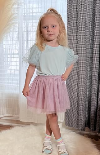 Image of Arshiner Girls Shirts Mesh Puff Short Sleeves Blouse Crewneck Cute Print Summer Kids Tee Tops