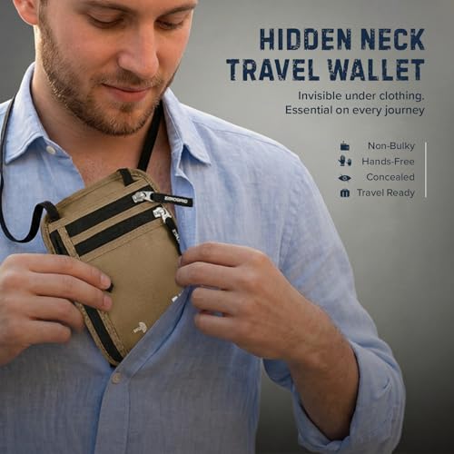 Image of Neck Wallet for Travel & Passport Holder with RFID Blocking - Slim & Easy to Conceal Nylon Travel Pouch for men & women - Holds Phone, Cash, Cards, Keys - Sweat & Water Resistant - Large - Beige