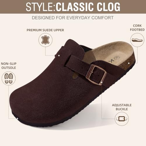 Image of KIDMI Genuine Suede Clogs for Women Men Cork Footbed Mules Potato Shoes | Arch Support, Comfortable, Leather Slip On, Fall, Casual, Indoor Outdoor, Non-slip Rubber Sole, Adjustable Metal Buckle