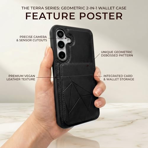 Image of amazon basics Premium Vegan Leather Back Cover with Card Holder and Integrated Mobile Stand for Samsung Galaxy S24FE 5G - Slim Shockproof Wallet Case with Geometric Stitching [Black]