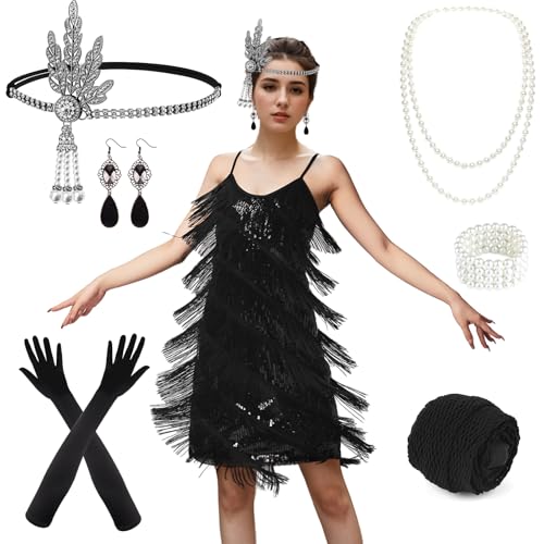 PLULON Vestido de fiesta de cóctel con flecos de lentejuelas Gatsby de los años 20 para mujer con accesorios de los años 20 para fiesta de graduación (negro)