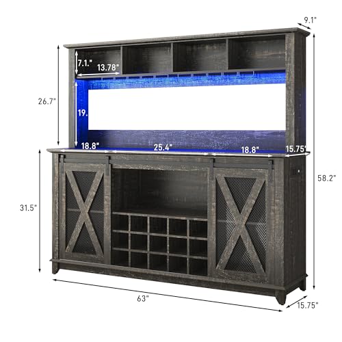 Image of 63 inchWide 58 inchH Farmhouse Coffee Bar Cabinet with Power Outlet and LED Light,Wine Bar Cabinet w / 4 Storage Hutch,Kitchen Buffet Cabinet with 15 Wine and Glass Racks for Kitchen Dining Room(Dark Oak)