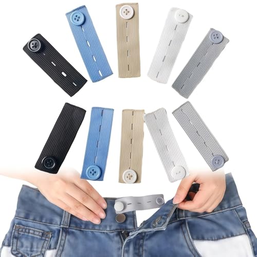 10pcs Waist Extender For Jeans Waistband Extender with 4 Button Holes Durable Stretcher for Trousers for Men and Women Durable and Reusable Quick & Simple Installation Black Blue White Gray Khaki