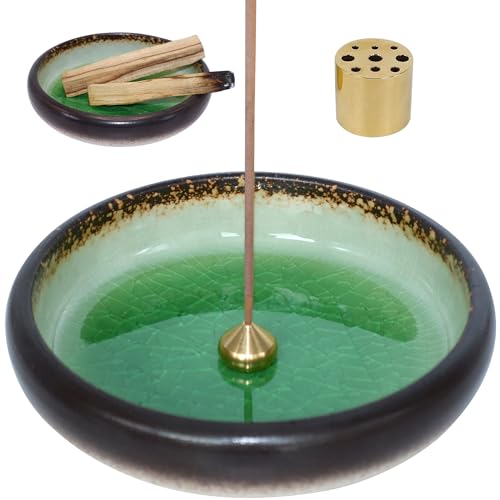 BEYLAB 3 en 1 Soporte para Varillas de Incienso Cuenco Incienso de cerámica para Cualquier Incienso, Soporte para Palo Santo, Salvia Blanca, Juego de latón extraíble - Verde
