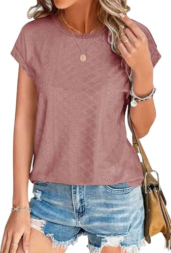 SOADKP Damen Tops Sommer Oberteile Elegant Kurzarm t Shirts Spitze Casual Bluse Tunika(rosa/XL)