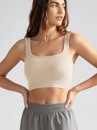 Image of ODODOS 3-Pack Seamless Square Neck Crop Tank for Women Ribbed Knit Soft Low Back Cropped Tops