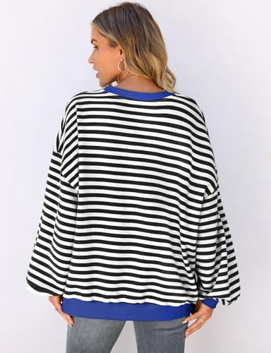 Image of UEU Women Oversized Striped Crewneck Sweatshirt Long Sleeve Color Block Pullover Tops Casual Loose Workout Shirt