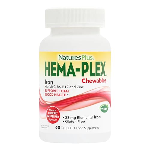 NaturesPlus Hema Plex Chewable Iron - Gentle Iron Supplement with Vitamin C, Methyl B12, Folate - Blood Health, Immune, Energy - Vegan, Gluten Free - 60 Chewable Tablets