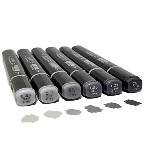 Arhomet 6 Pack Grey Gray Alcohol Markers, Double Tipped Soft Fine Tips And Brush Art Marker (Grey)
