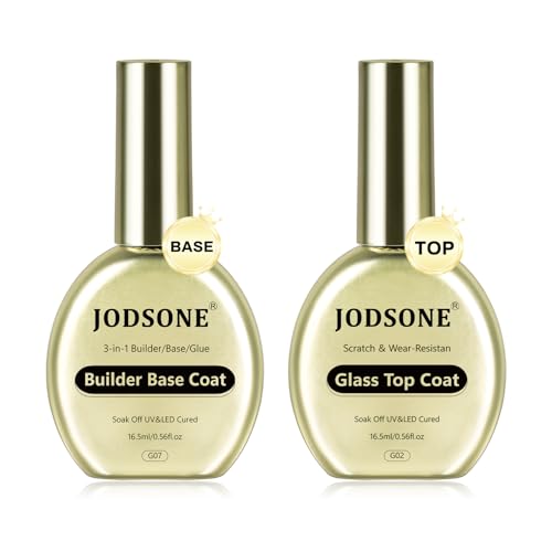 JODSONE Juego de esmalte de uñas de gel y base, 2 unidades de 16,5 ml, no se limpian, 3 en 1, base coat y top coat de cristal para uñas de larga duración, requiere secado U V/LED