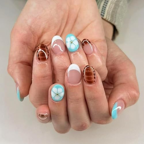 French Tip Press on Nails Short Oval MABKJLF Flower Fake Nails Cu...