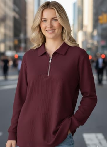 Image of Mack Jonney Women's Ribbed Zip Polo T-Shirt | Full Sleeve Collared Top | Camel Beige Casual Sweatshirt | Regular Fit-M7403